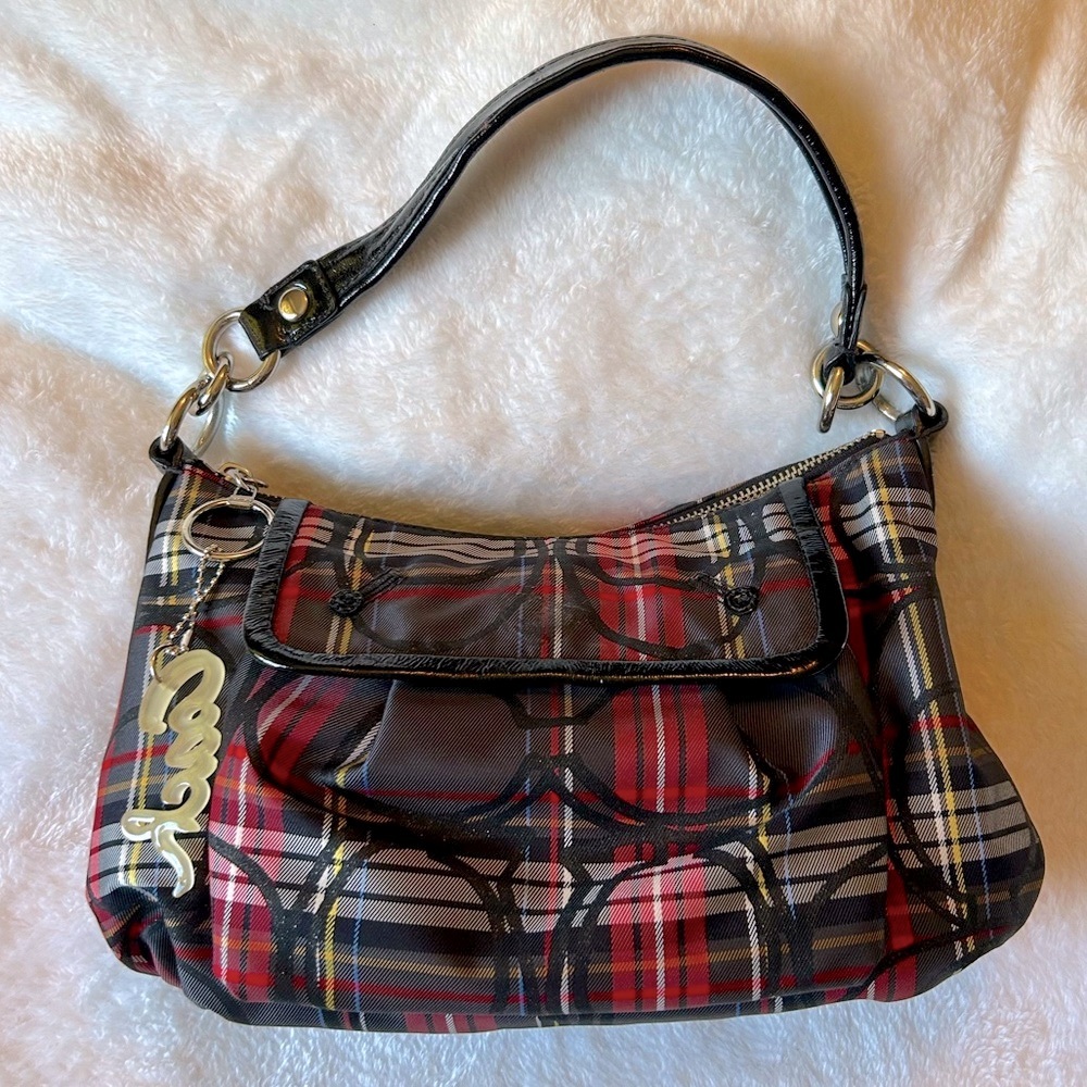EUC Coach 14366 Poppy tartan swing pack crossbody satchel bag, red & black ♥️🖤